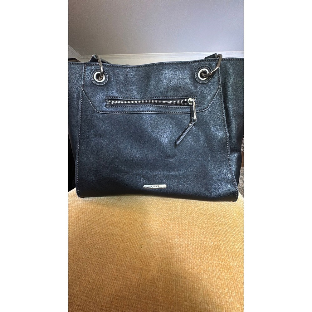 Chaps Black Faux Leather Shoulder Bag Tote Silver Hardware Zipper Pocket